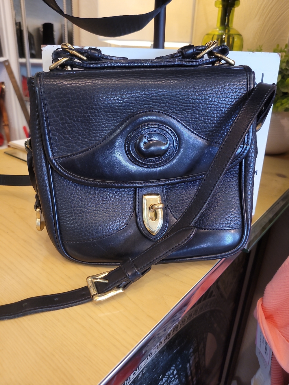 Vintage Dooney & Bourke Black Pebble Leather Crossbody with Gold Hardware